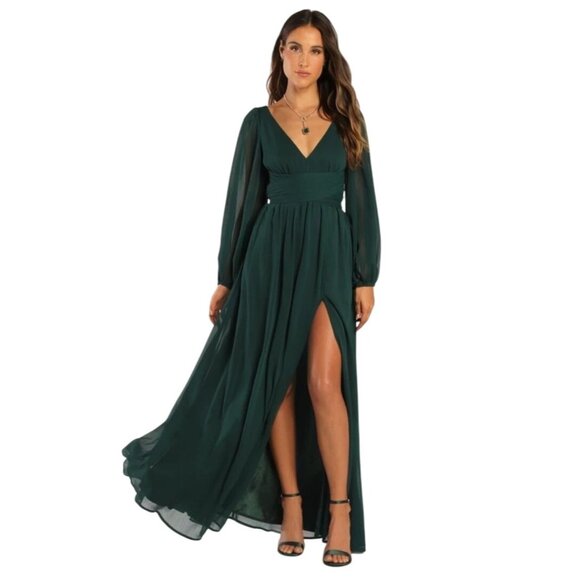 NEW Lulus‎ Enchant My Love Emerald Green V-Neck Long Sleeve Maxi Dress, Size S - Picture 1 of 16
